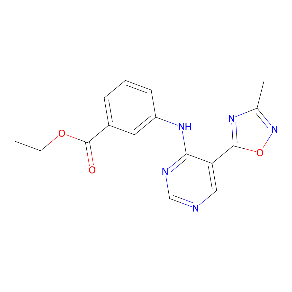 Ethyl 3-((5-(3-methyl-1,2,4-oxadiazol-5-yl)pyrimidin-4-yl)amino)benzoate molecular structure, CAS 2034339-48-3
