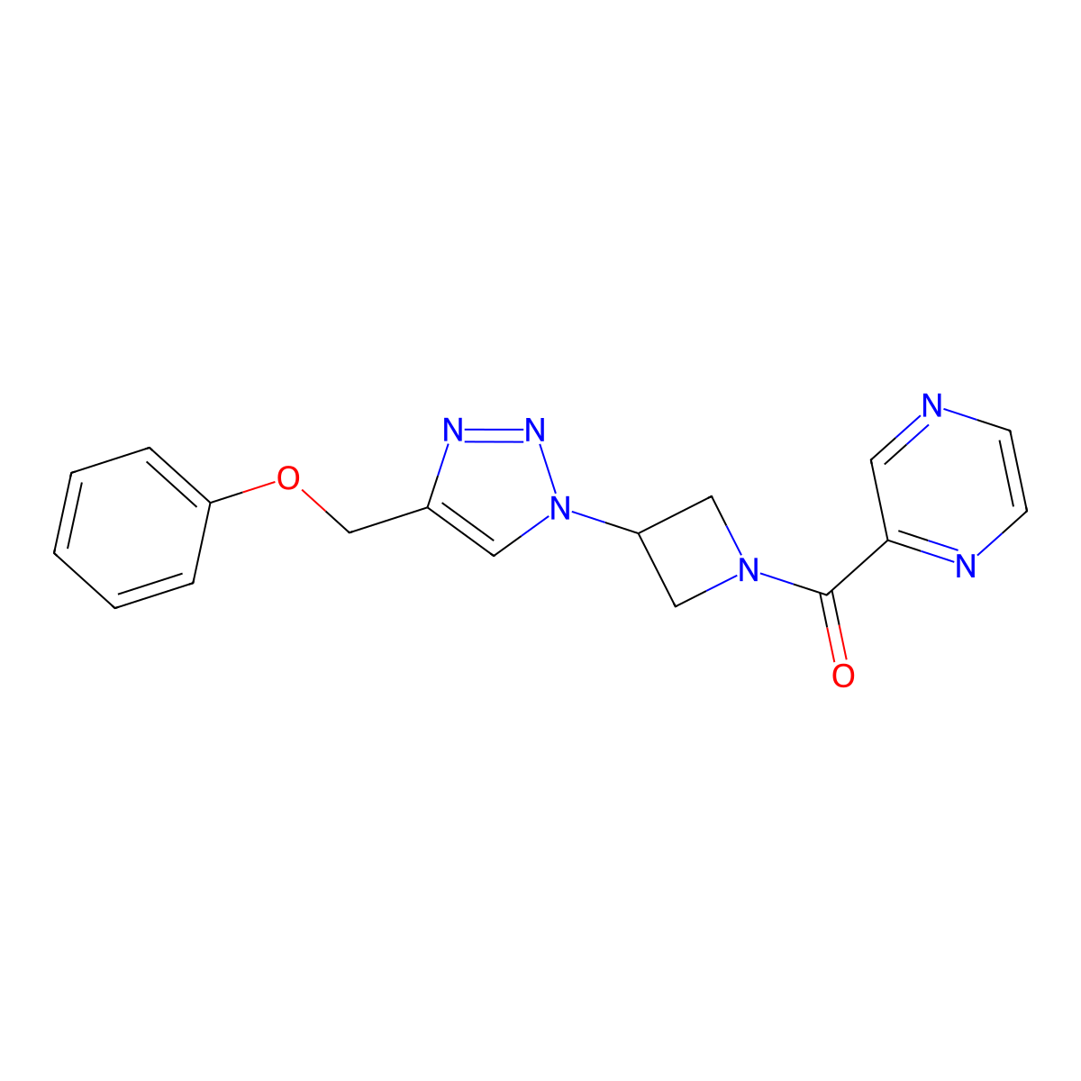 (3-(4-(phenoxymethyl)-1H-1,2,3-triazol-1-yl)azetidin-1-yl)(pyrazin-2-yl)methanone molecular structure, CAS 2034339-67-6
