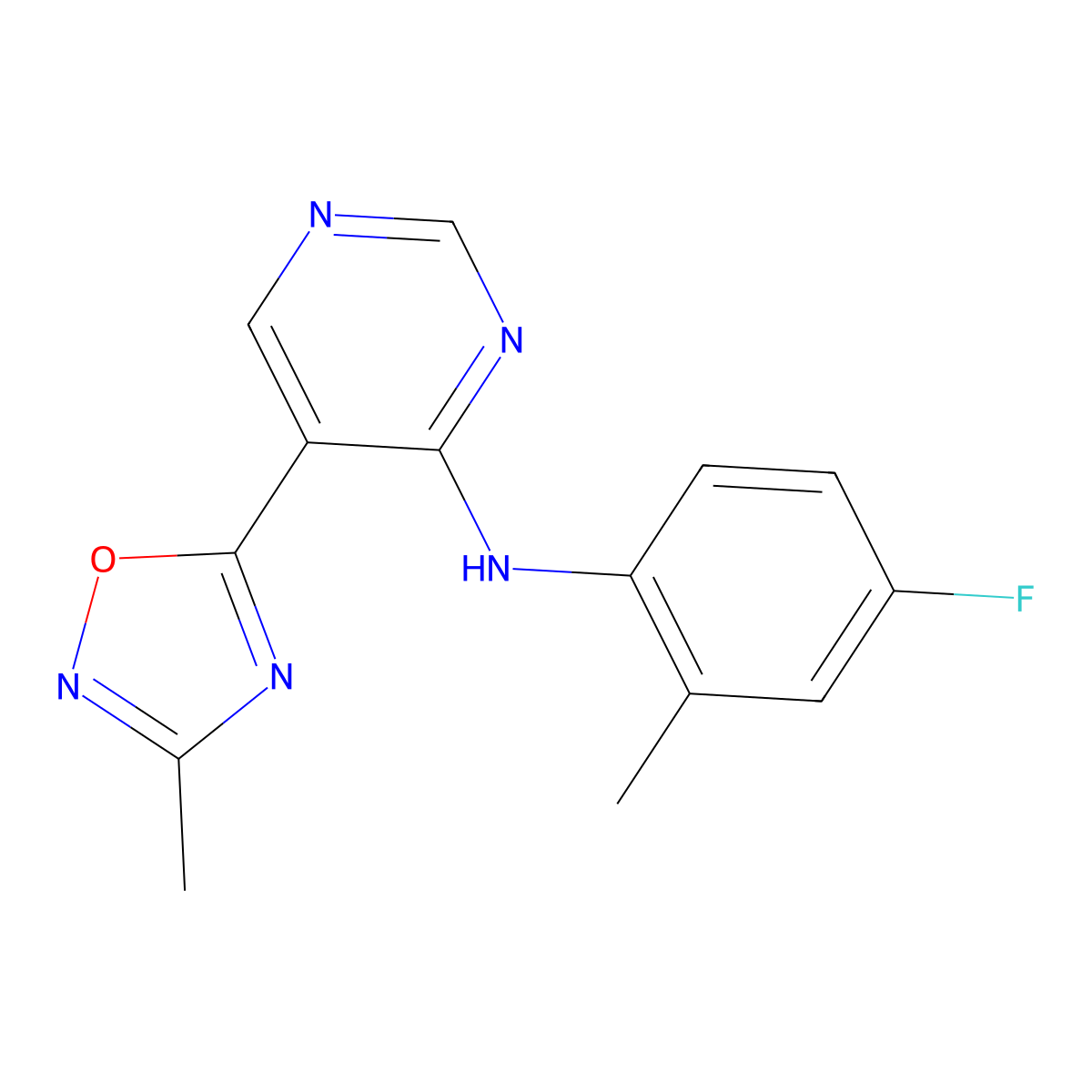 N-(4-fluoro-2-methylphenyl)-5-(3-methyl-1,2,4-oxadiazol-5-yl)pyrimidin-4-amine molecular structure, CAS 2034339-69-8