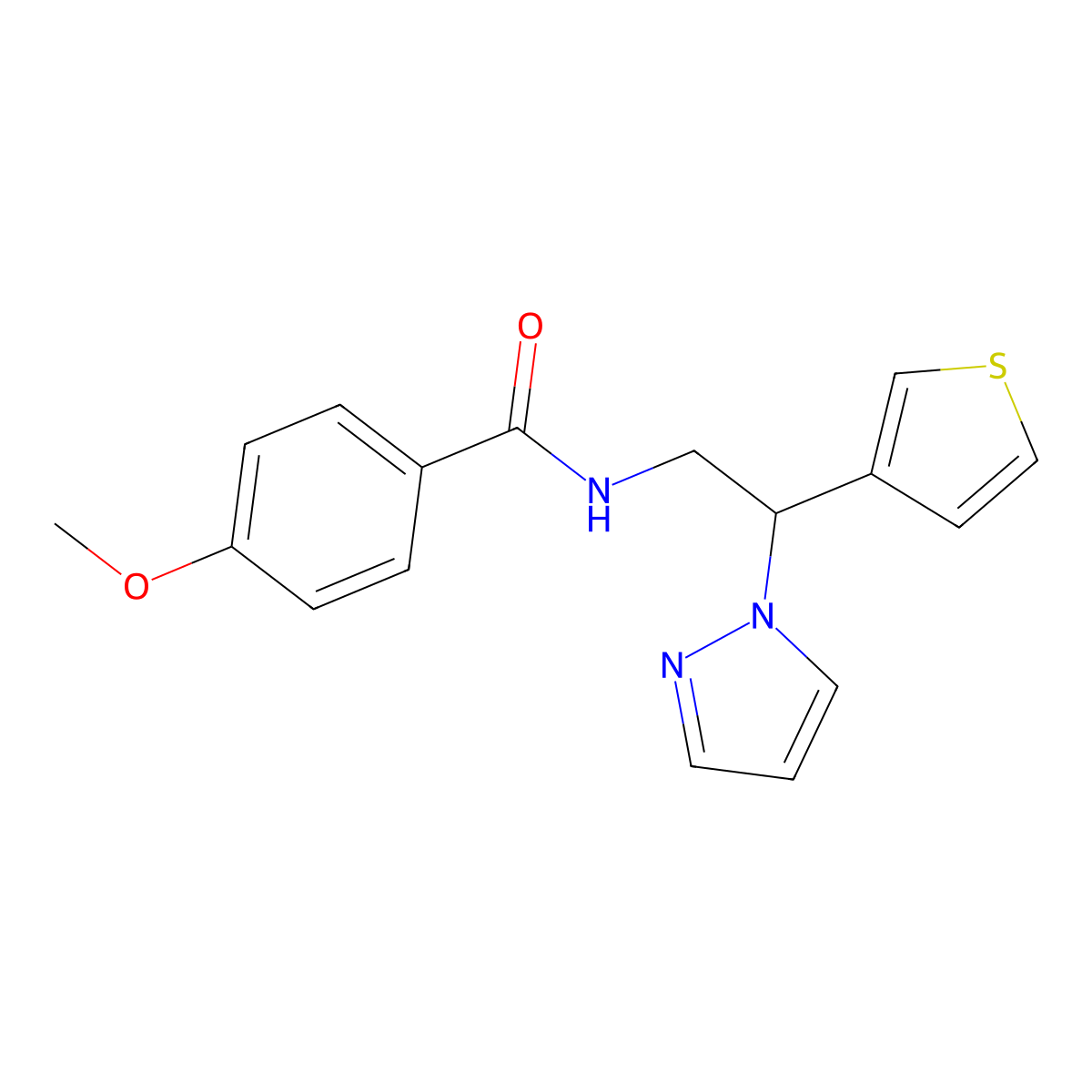 N-(2-(1H-pyrazol-1-yl)-2-(thiophen-3-yl)ethyl)-4-methoxybenzamide molecular structure, CAS 2034339-83-6