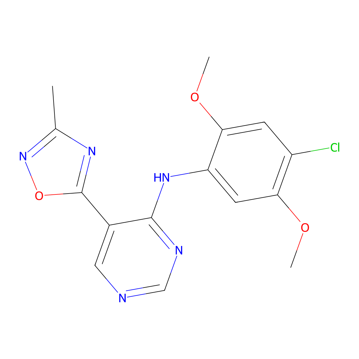 N-(4-chloro-2,5-dimethoxyphenyl)-5-(3-methyl-1,2,4-oxadiazol-5-yl)pyrimidin-4-amine molecular structure, CAS 2034339-86-9