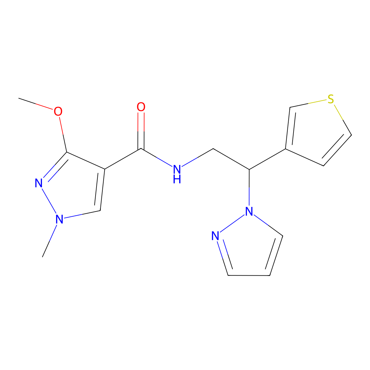 N-(2-(1H-pyrazol-1-yl)-2-(thiophen-3-yl)ethyl)-3-methoxy-1-methyl-1H-pyrazole-4-carboxamide molecular structure, CAS 2034339-92-7