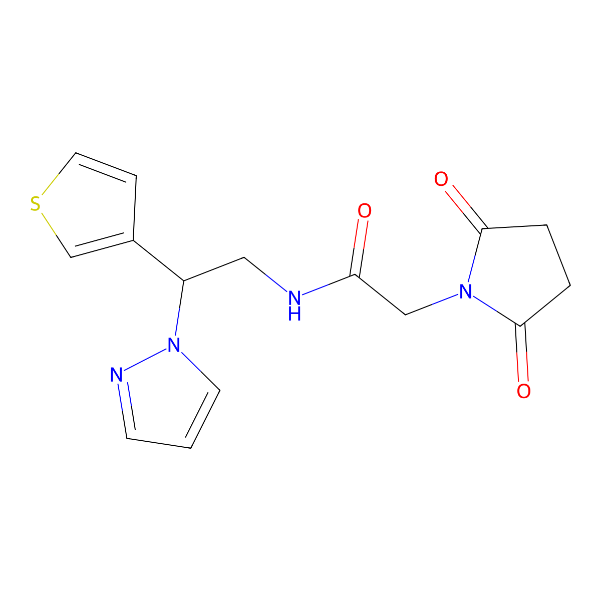 N-(2-(1H-pyrazol-1-yl)-2-(thiophen-3-yl)ethyl)-2-(2,5-dioxopyrrolidin-1-yl)acetamide molecular structure, CAS 2034340-00-4