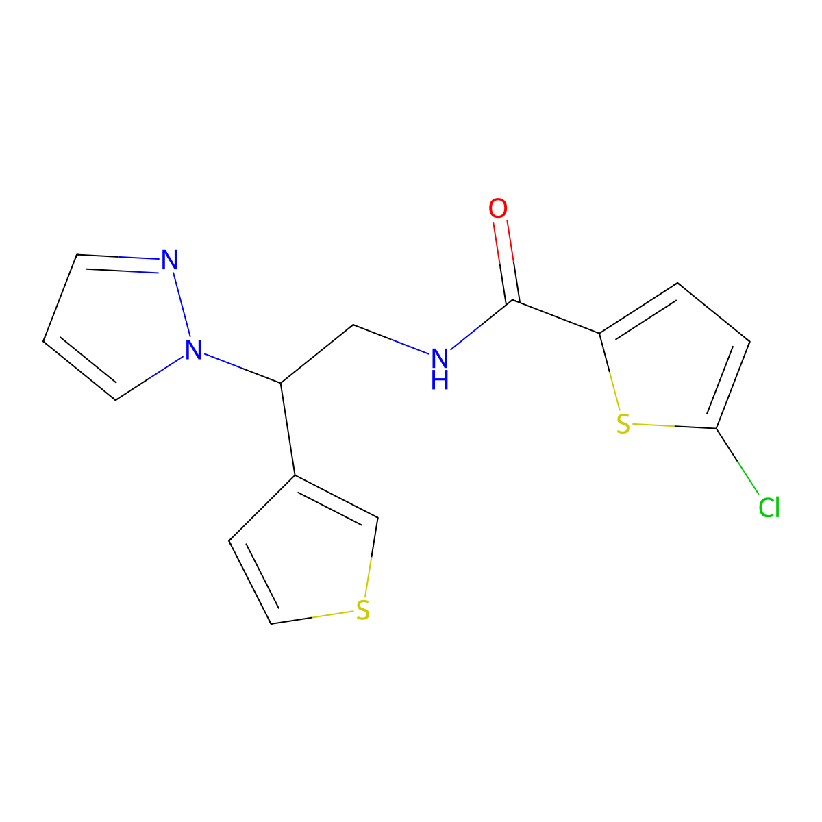N-(2-(1H-pyrazol-1-yl)-2-(thiophen-3-yl)ethyl)-5-chlorothiophene-2-carboxamide molecular structure, CAS 2034340-04-8