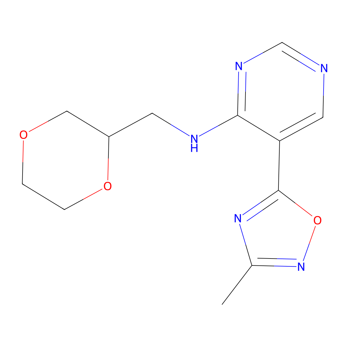 N-[(1,4-dioxan-2-yl)methyl]-5-(3-methyl-1,2,4-oxadiazol-5-yl)pyrimidin-4-amine molecular structure, CAS 2034340-08-2