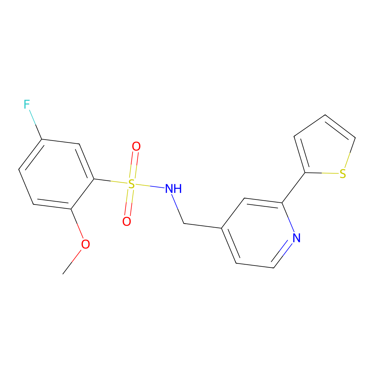 5-fluoro-2-methoxy-N-((2-(thiophen-2-yl)pyridin-4-yl)methyl)benzenesulfonamide molecular structure, CAS 2034340-14-0