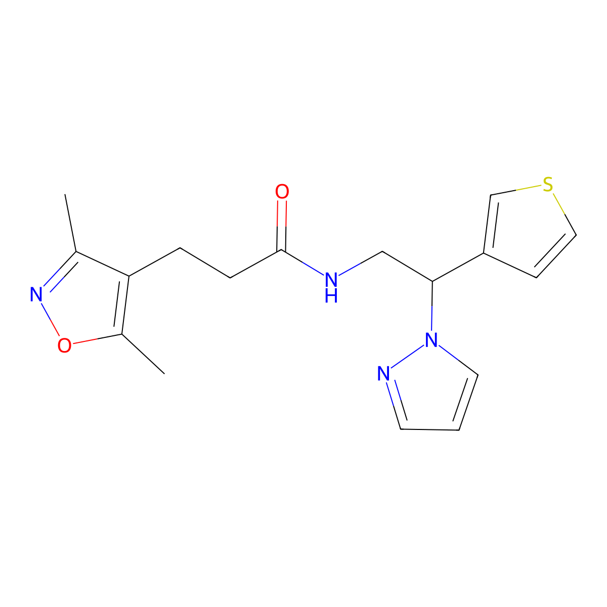 N-(2-(1H-pyrazol-1-yl)-2-(thiophen-3-yl)ethyl)-3-(3,5-dimethylisoxazol-4-yl)propanamide molecular structure, CAS 2034340-15-1