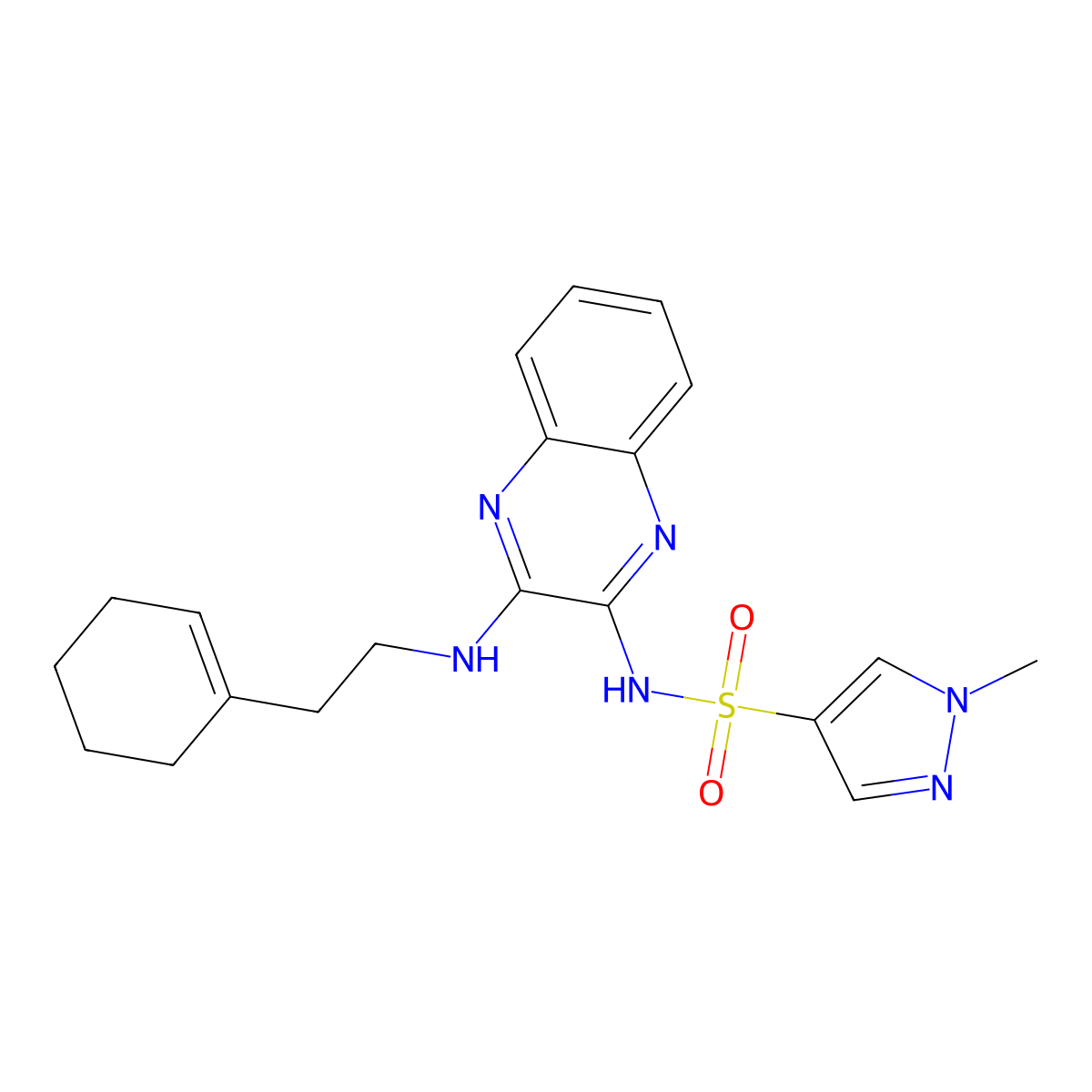 N-(3-((2-(cyclohex-1-en-1-yl)ethyl)amino)quinoxalin-2-yl)-1-methyl-1H-pyrazole-4-sulfonamide molecular structure, CAS 2034340-16-2