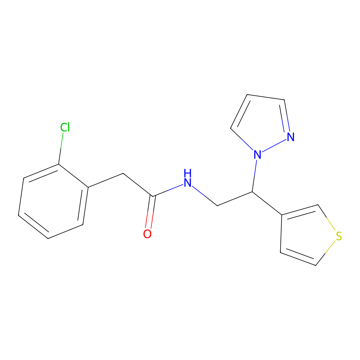 N-(2-(1H-pyrazol-1-yl)-2-(thiophen-3-yl)ethyl)-2-(2-chlorophenyl)acetamide molecular structure, CAS 2034340-21-9