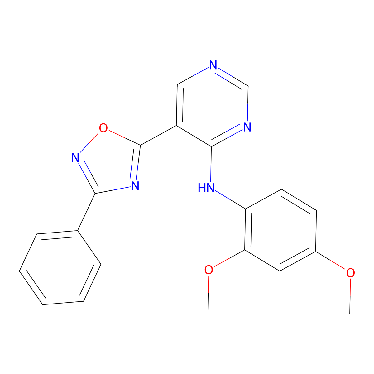 N-(2,4-dimethoxyphenyl)-5-(3-phenyl-1,2,4-oxadiazol-5-yl)pyrimidin-4-amine molecular structure, CAS 2034340-23-1