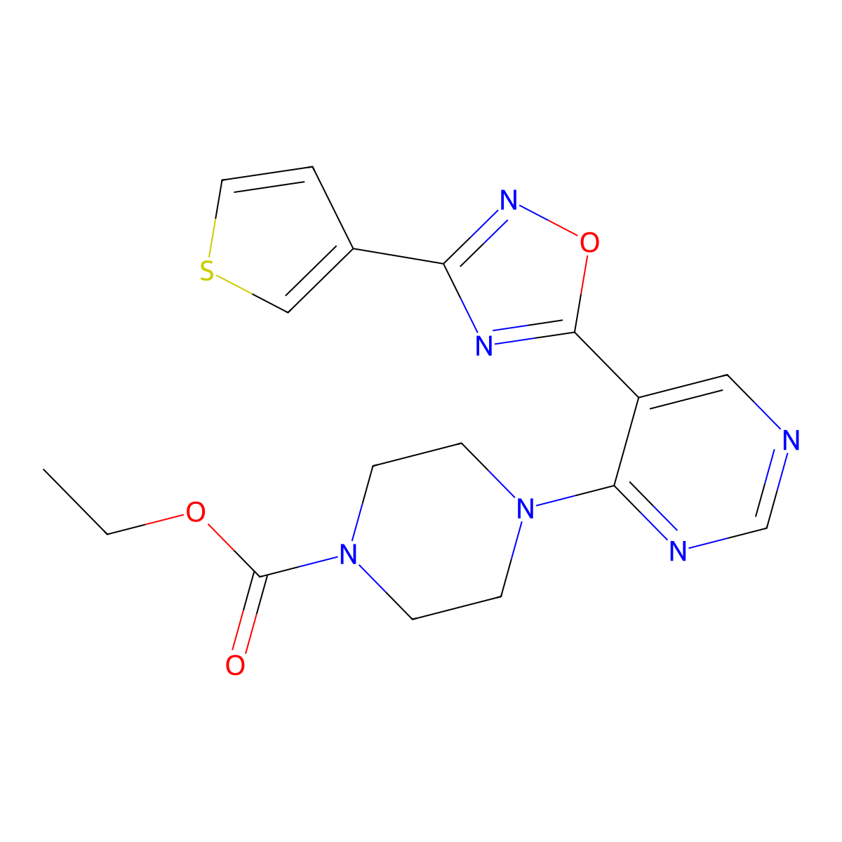 Ethyl 4-(5-(3-(thiophen-3-yl)-1,2,4-oxadiazol-5-yl)pyrimidin-4-yl)piperazine-1-carboxylate molecular structure, CAS 2034340-27-5