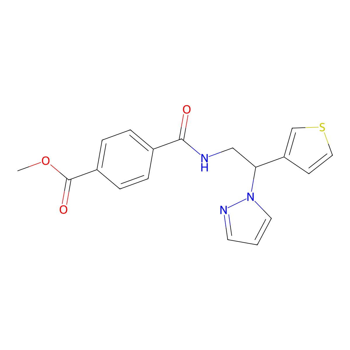 methyl 4-{[2-(1H-pyrazol-1-yl)-2-(thiophen-3-yl)ethyl]carbamoyl}benzoate molecular structure, CAS 2034340-29-7