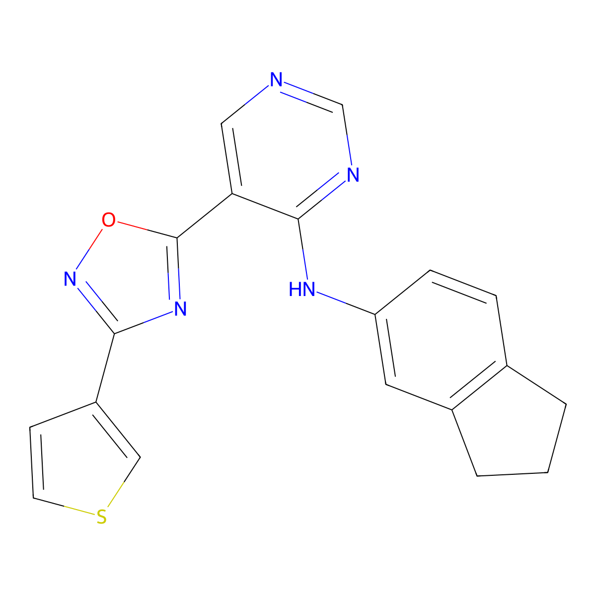 N-(2,3-dihydro-1H-inden-5-yl)-5-(3-(thiophen-3-yl)-1,2,4-oxadiazol-5-yl)pyrimidin-4-amine molecular structure, CAS 2034340-34-4