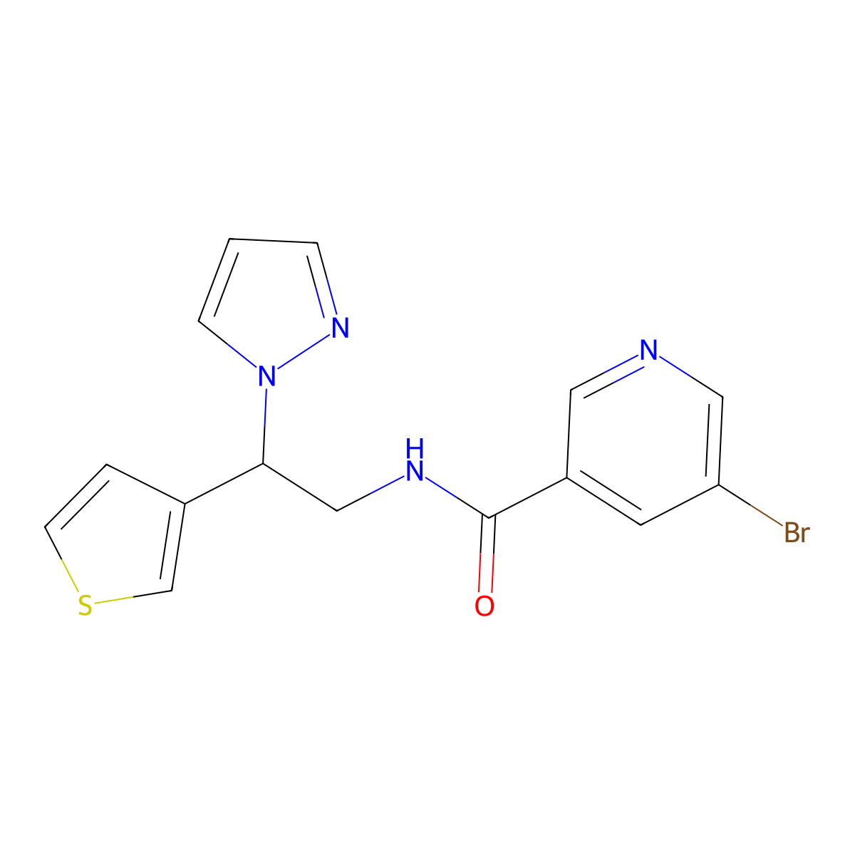 N-(2-(1H-pyrazol-1-yl)-2-(thiophen-3-yl)ethyl)-5-bromonicotinamide molecular structure, CAS 2034340-35-5