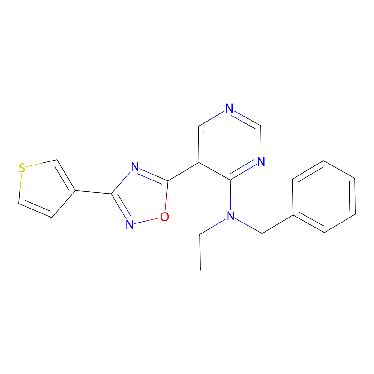 N-benzyl-N-ethyl-5-(3-(thiophen-3-yl)-1,2,4-oxadiazol-5-yl)pyrimidin-4-amine molecular structure, CAS 2034340-39-9