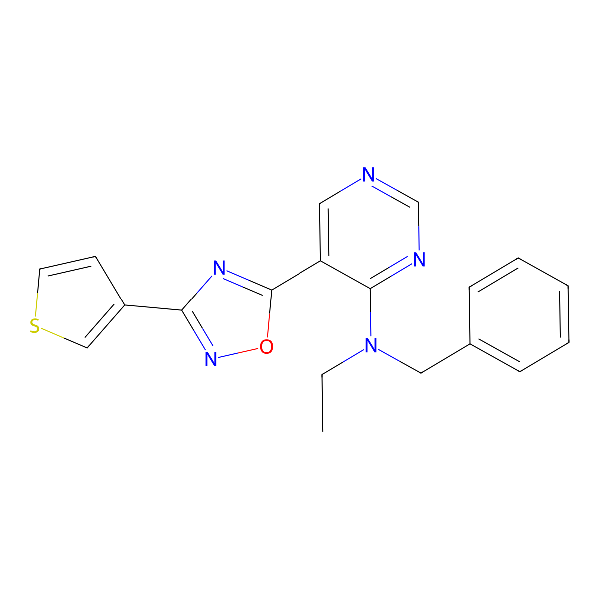N-benzyl-N-ethyl-5-(3-(thiophen-3-yl)-1,2,4-oxadiazol-5-yl)pyrimidin-4-amine molecular structure, CAS 2034340-39-9
