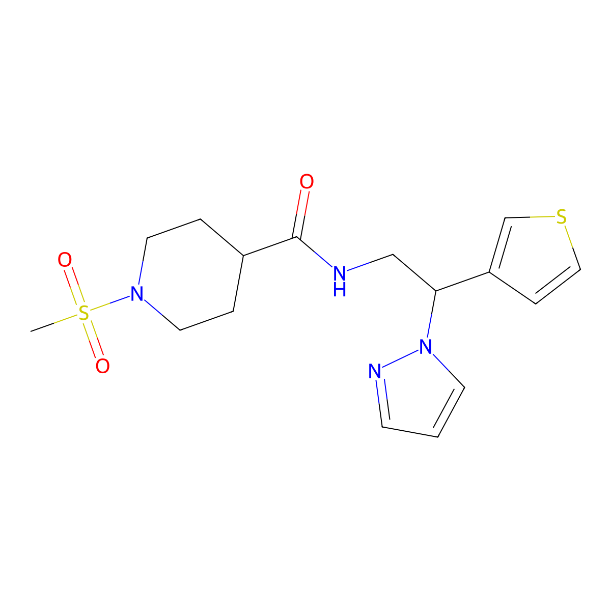 N-(2-(1H-pyrazol-1-yl)-2-(thiophen-3-yl)ethyl)-1-(methylsulfonyl)piperidine-4-carboxamide molecular structure, CAS 2034340-42-4