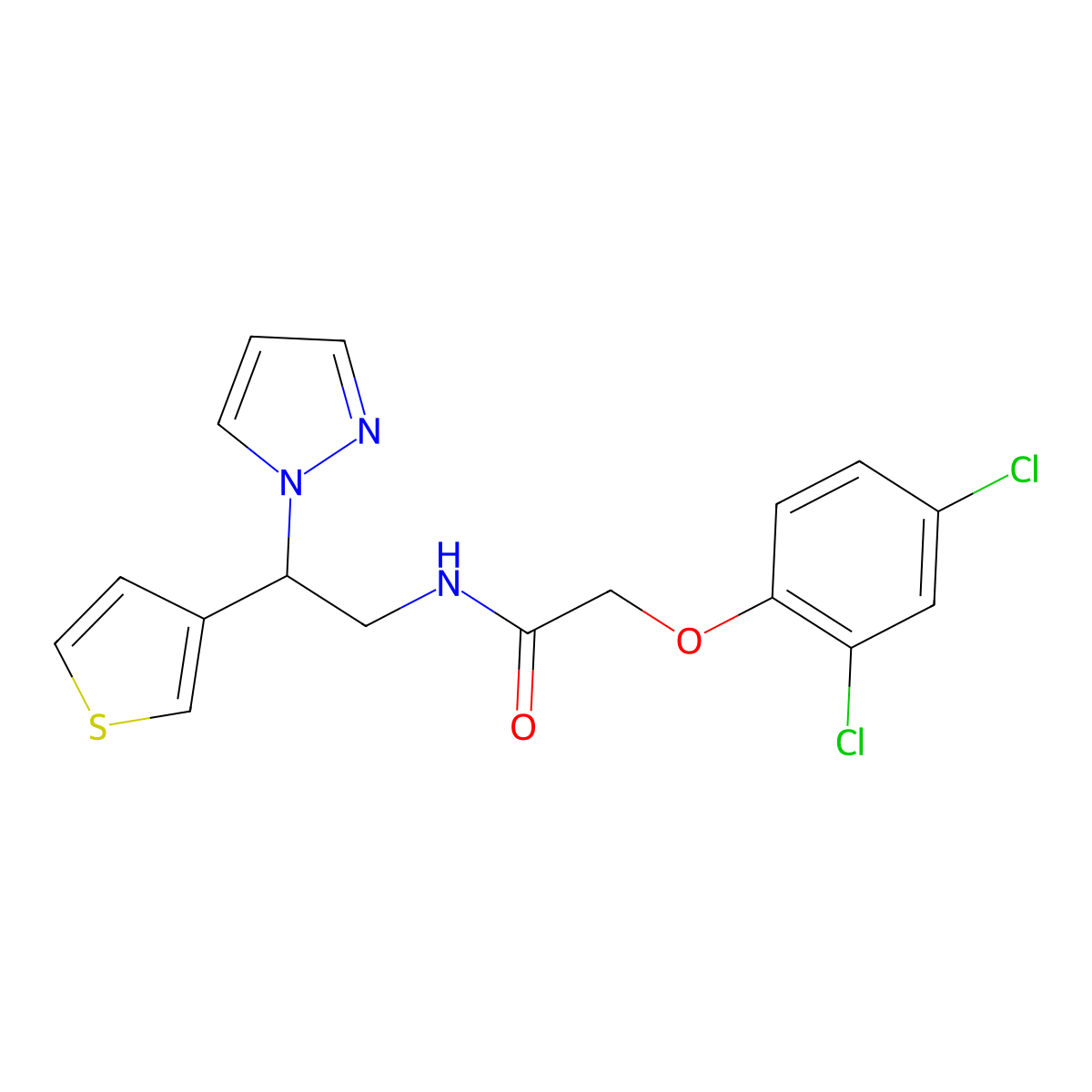 N-(2-(1H-pyrazol-1-yl)-2-(thiophen-3-yl)ethyl)-2-(2,4-dichlorophenoxy)acetamide molecular structure, CAS 2034340-49-1