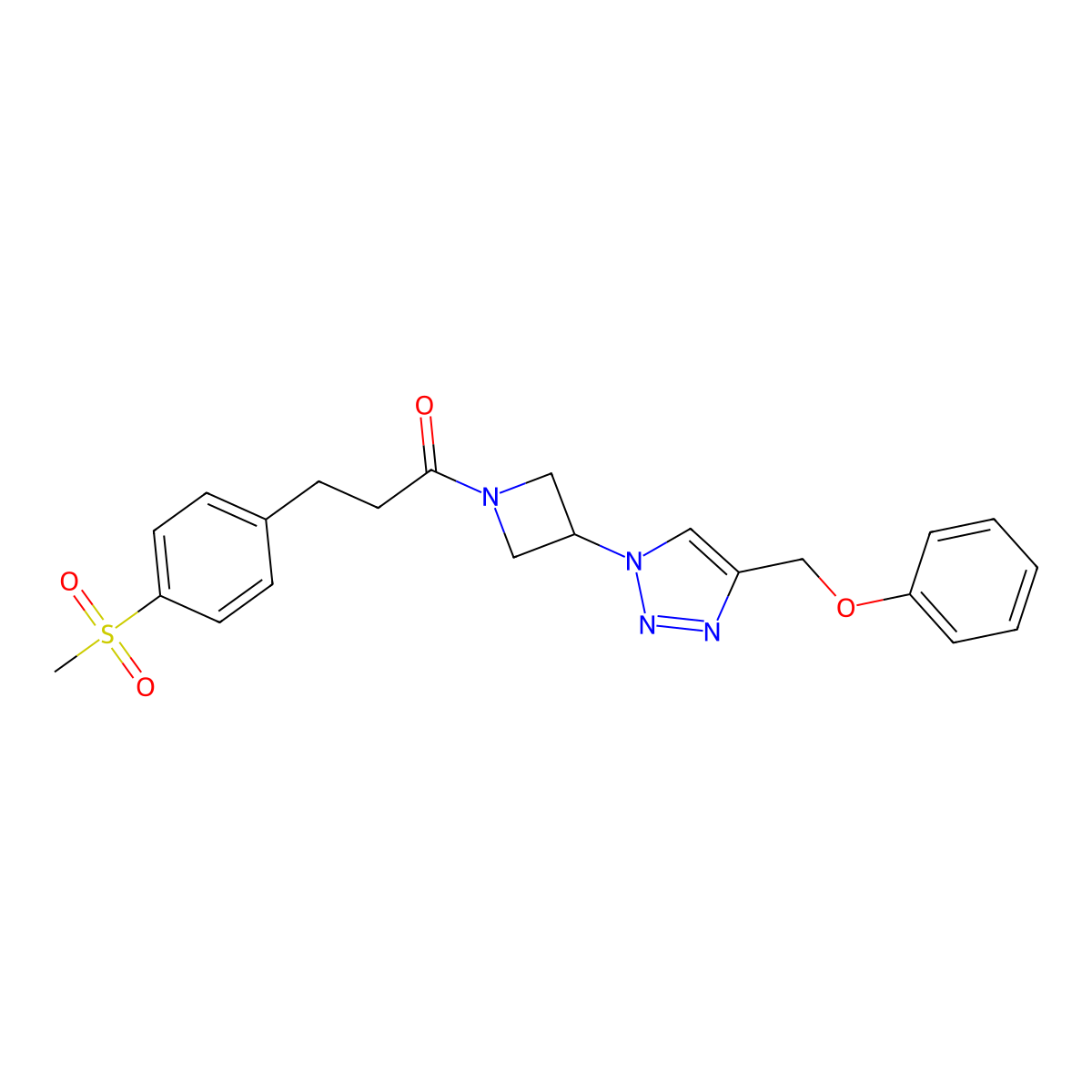 3-(4-(methylsulfonyl)phenyl)-1-(3-(4-(phenoxymethyl)-1H-1,2,3-triazol-1-yl)azetidin-1-yl)propan-1-one molecular structure, CAS 2034340-50-4