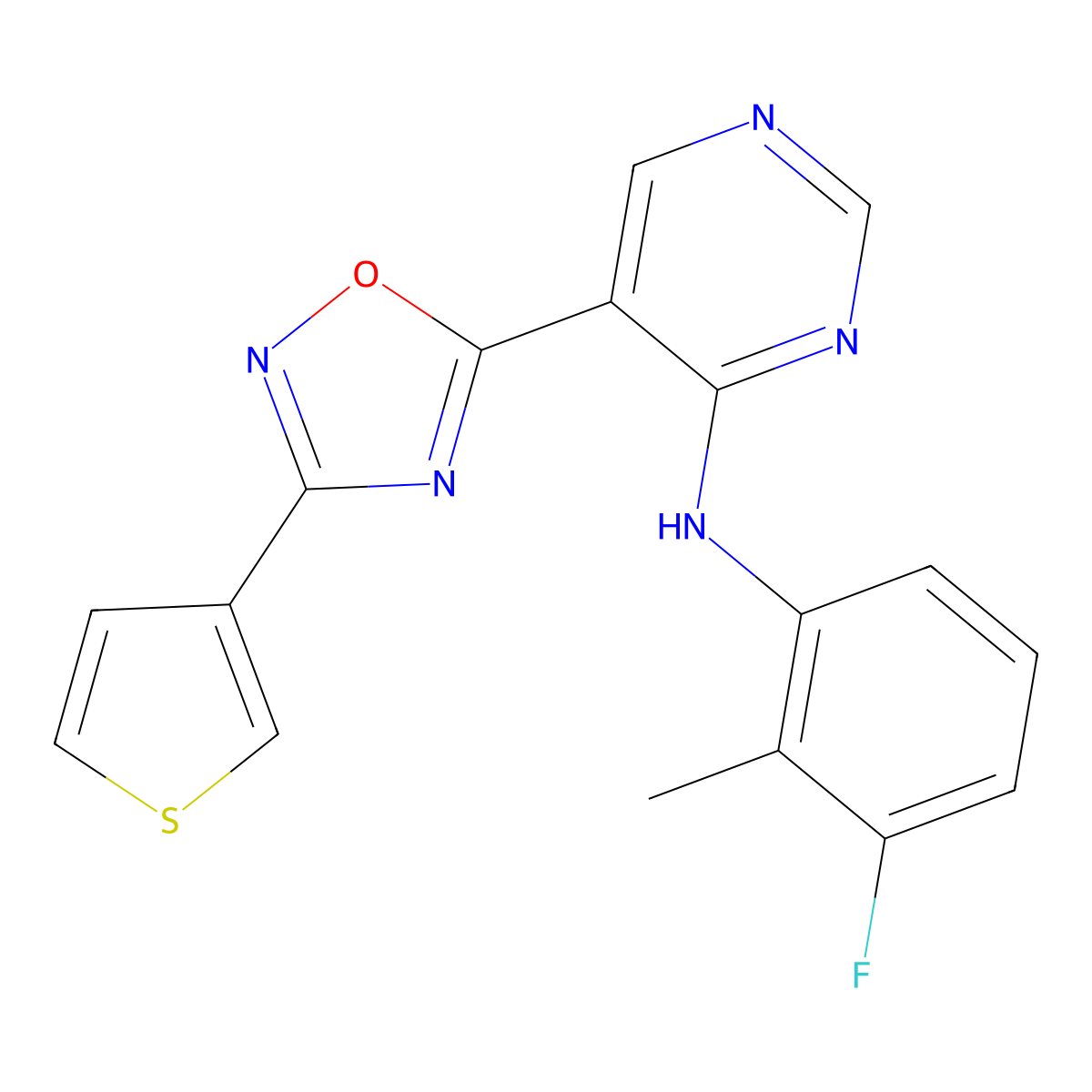 N-(3-fluoro-2-methylphenyl)-5-(3-(thiophen-3-yl)-1,2,4-oxadiazol-5-yl)pyrimidin-4-amine molecular structure, CAS 2034340-52-6
