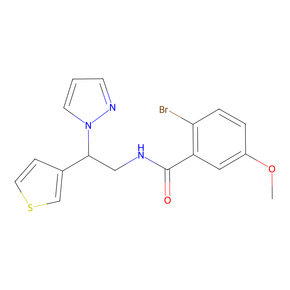 N-(2-(1H-pyrazol-1-yl)-2-(thiophen-3-yl)ethyl)-2-bromo-5-methoxybenzamide molecular structure, CAS 2034340-53-7