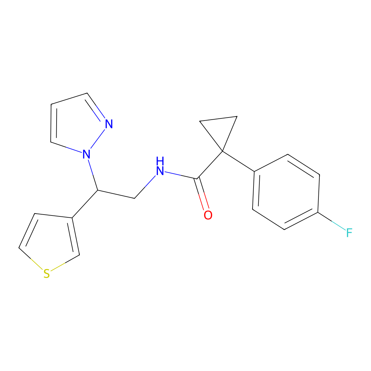 N-(2-(1H-pyrazol-1-yl)-2-(thiophen-3-yl)ethyl)-1-(4-fluorophenyl)cyclopropanecarboxamide molecular structure, CAS 2034340-63-9