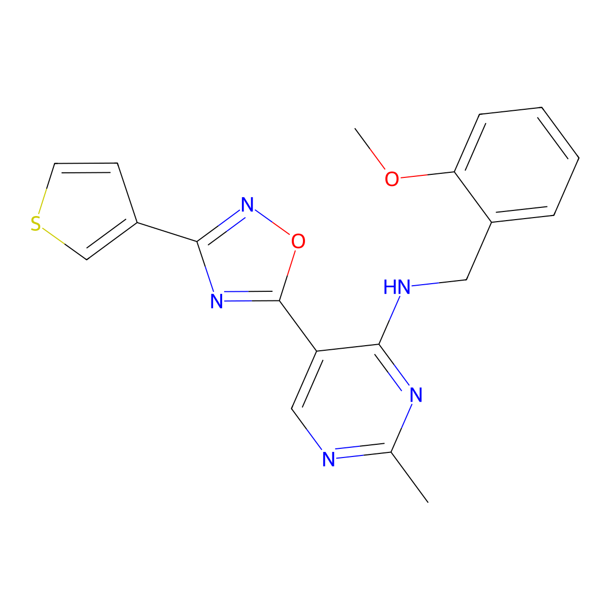 N-(2-methoxybenzyl)-2-methyl-5-(3-(thiophen-3-yl)-1,2,4-oxadiazol-5-yl)pyrimidin-4-amine molecular structure, CAS 2034340-68-4