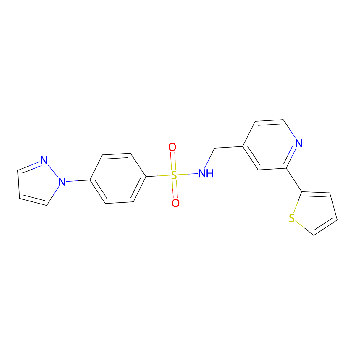 4-(1H-pyrazol-1-yl)-N-((2-(thiophen-2-yl)pyridin-4-yl)methyl)benzenesulfonamide molecular structure, CAS 2034340-70-8