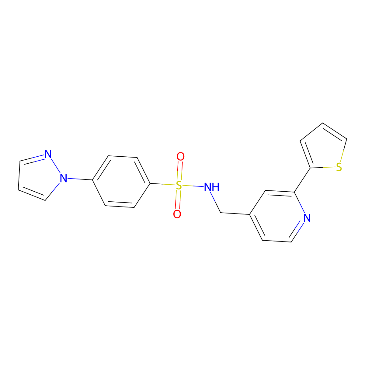 4-(1H-pyrazol-1-yl)-N-((2-(thiophen-2-yl)pyridin-4-yl)methyl)benzenesulfonamide molecular structure, CAS 2034340-70-8