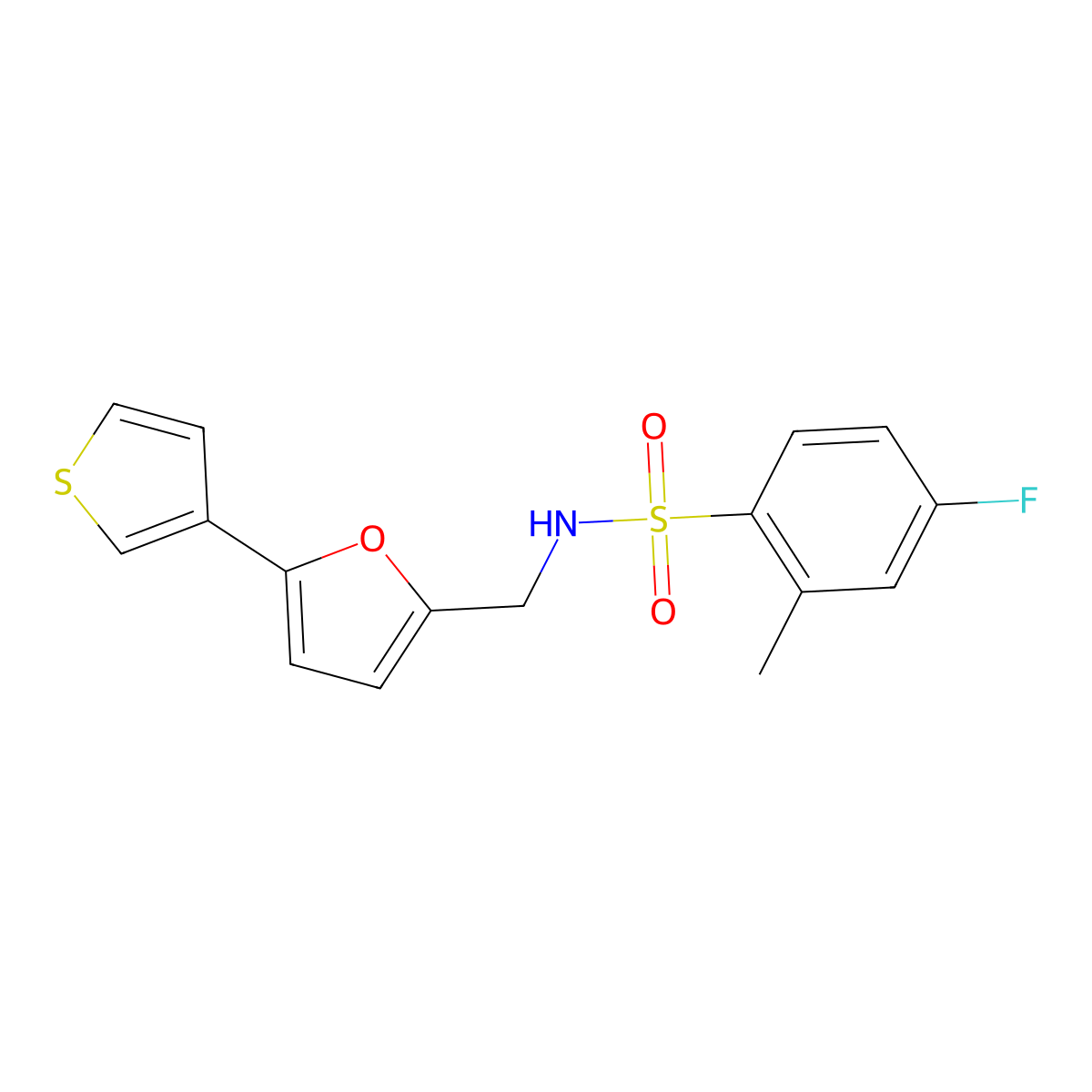 4-fluoro-2-methyl-N-((5-(thiophen-3-yl)furan-2-yl)methyl)benzenesulfonamide molecular structure, CAS 2034340-73-1