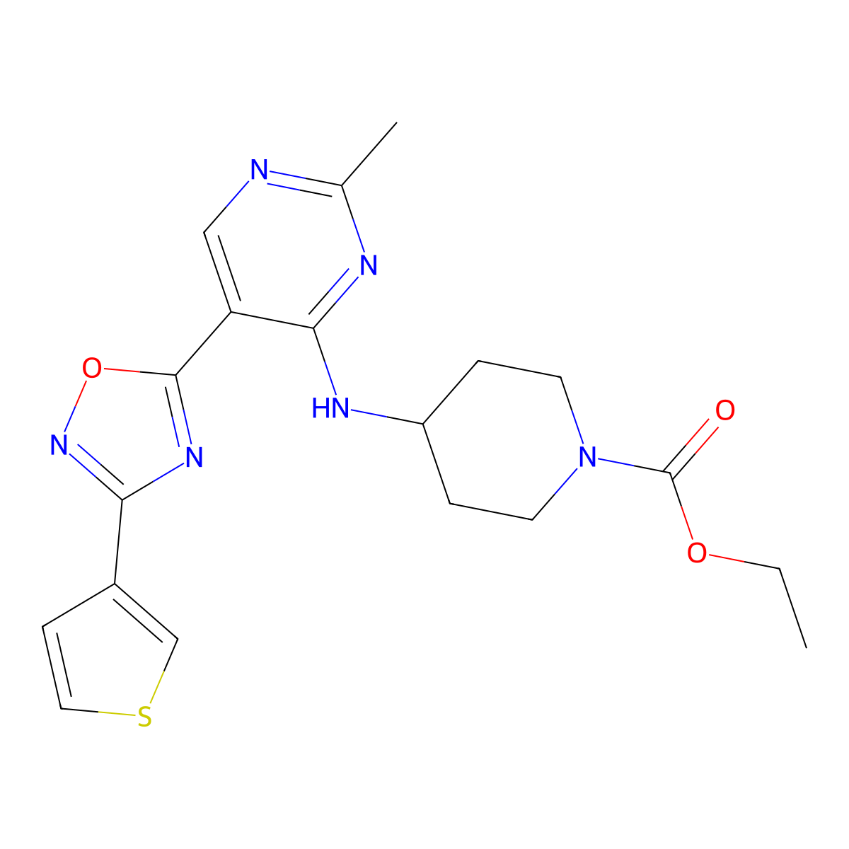 Ethyl 4-({2-methyl-5-[3-(thiophen-3-yl)-1,2,4-oxadiazol-5-yl]pyrimidin-4-yl}amino)piperidine-1-carboxylate molecular structure, CAS 2034340-75-3