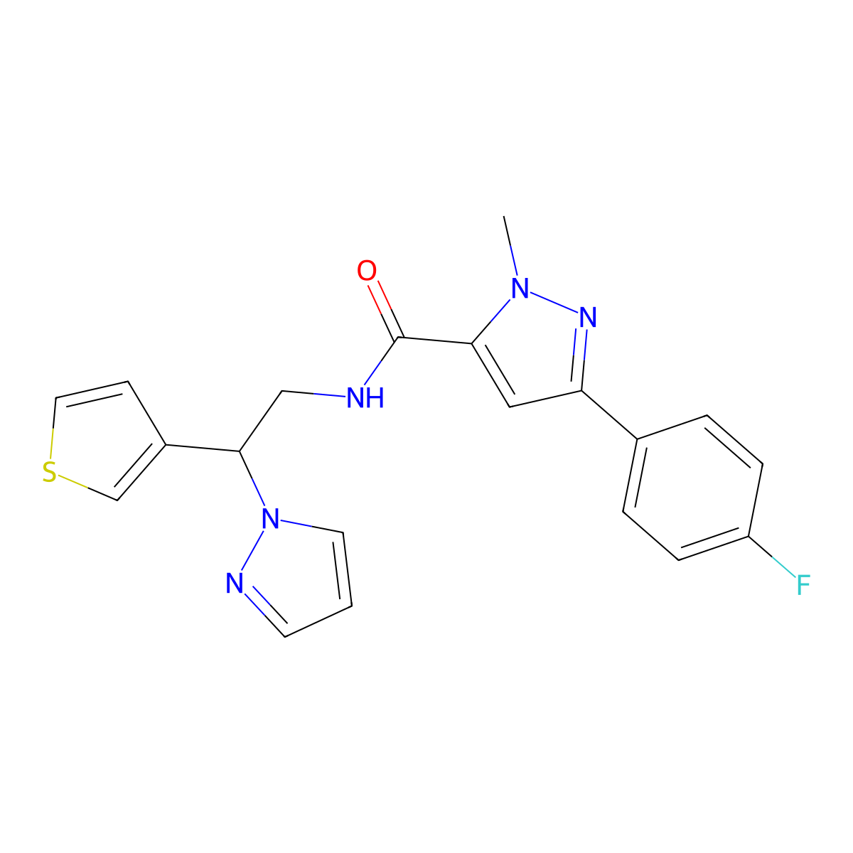 N-(2-(1H-pyrazol-1-yl)-2-(thiophen-3-yl)ethyl)-3-(4-fluorophenyl)-1-methyl-1H-pyrazole-5-carboxamide molecular structure, CAS 2034340-76-4