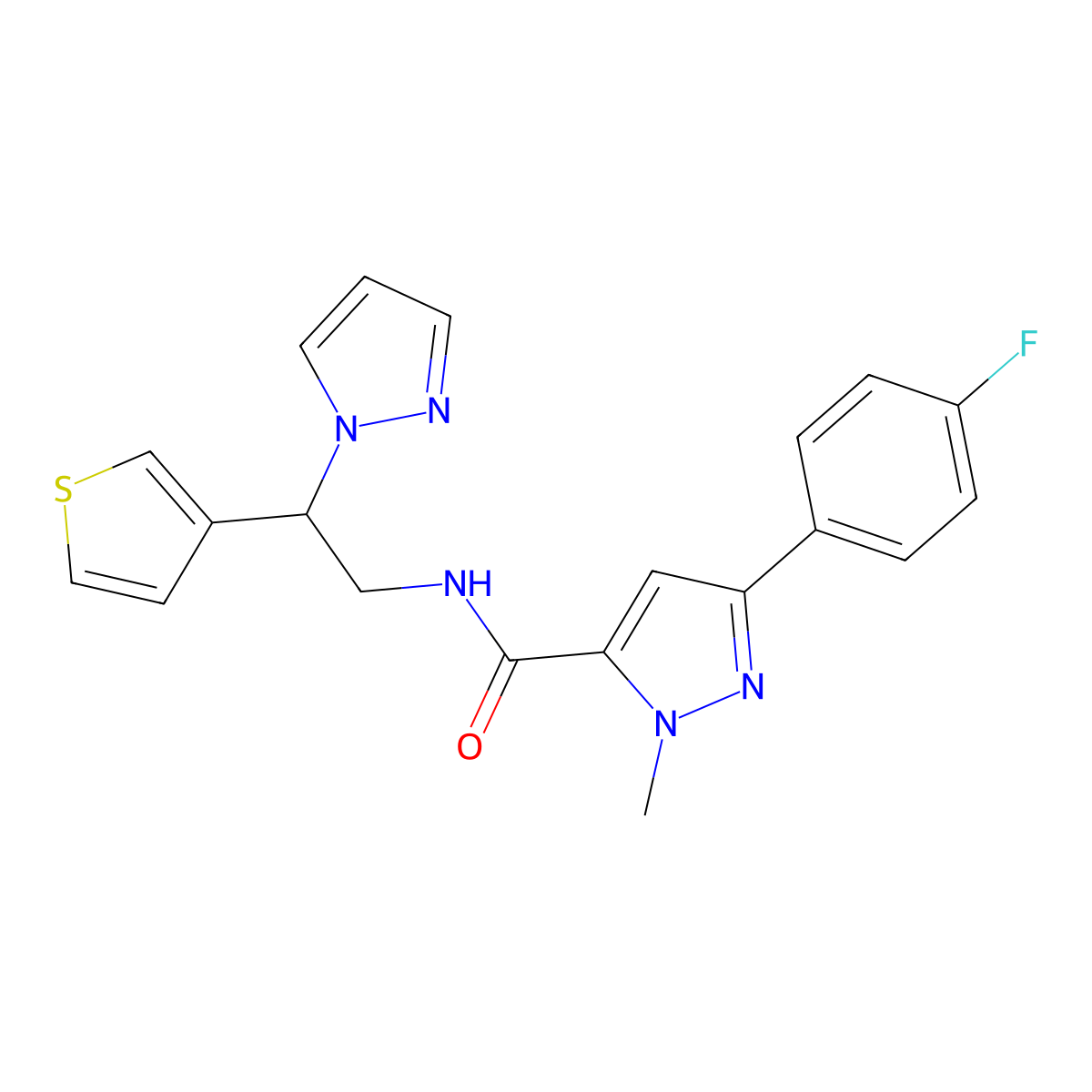 N-(2-(1H-pyrazol-1-yl)-2-(thiophen-3-yl)ethyl)-3-(4-fluorophenyl)-1-methyl-1H-pyrazole-5-carboxamide molecular structure, CAS 2034340-76-4
