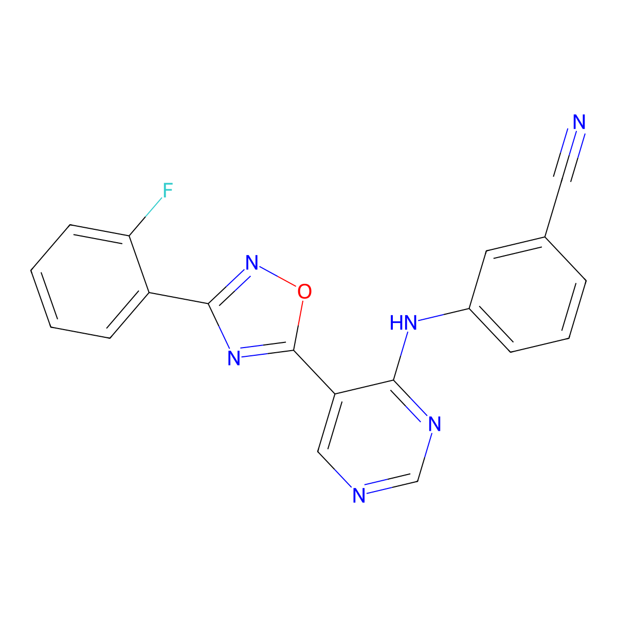 3-((5-(3-(2-Fluorophenyl)-1,2,4-oxadiazol-5-yl)pyrimidin-4-yl)amino)benzonitrile molecular structure, CAS 2034340-82-2