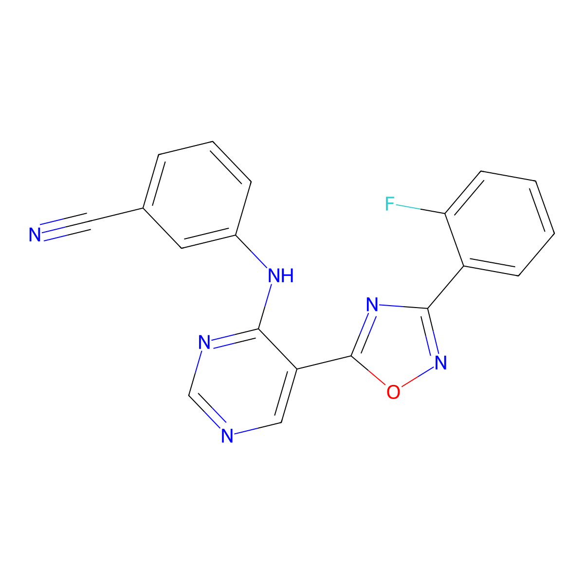3-((5-(3-(2-Fluorophenyl)-1,2,4-oxadiazol-5-yl)pyrimidin-4-yl)amino)benzonitrile molecular structure, CAS 2034340-82-2