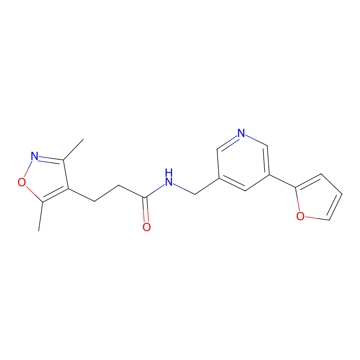 3-(3,5-dimethylisoxazol-4-yl)-N-((5-(furan-2-yl)pyridin-3-yl)methyl)propanamide molecular structure, CAS 2034340-85-5