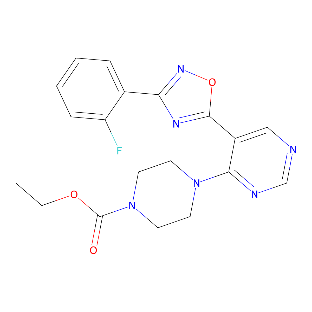 Ethyl 4-(5-(3-(2-fluorophenyl)-1,2,4-oxadiazol-5-yl)pyrimidin-4-yl)piperazine-1-carboxylate molecular structure, CAS 2034340-89-9