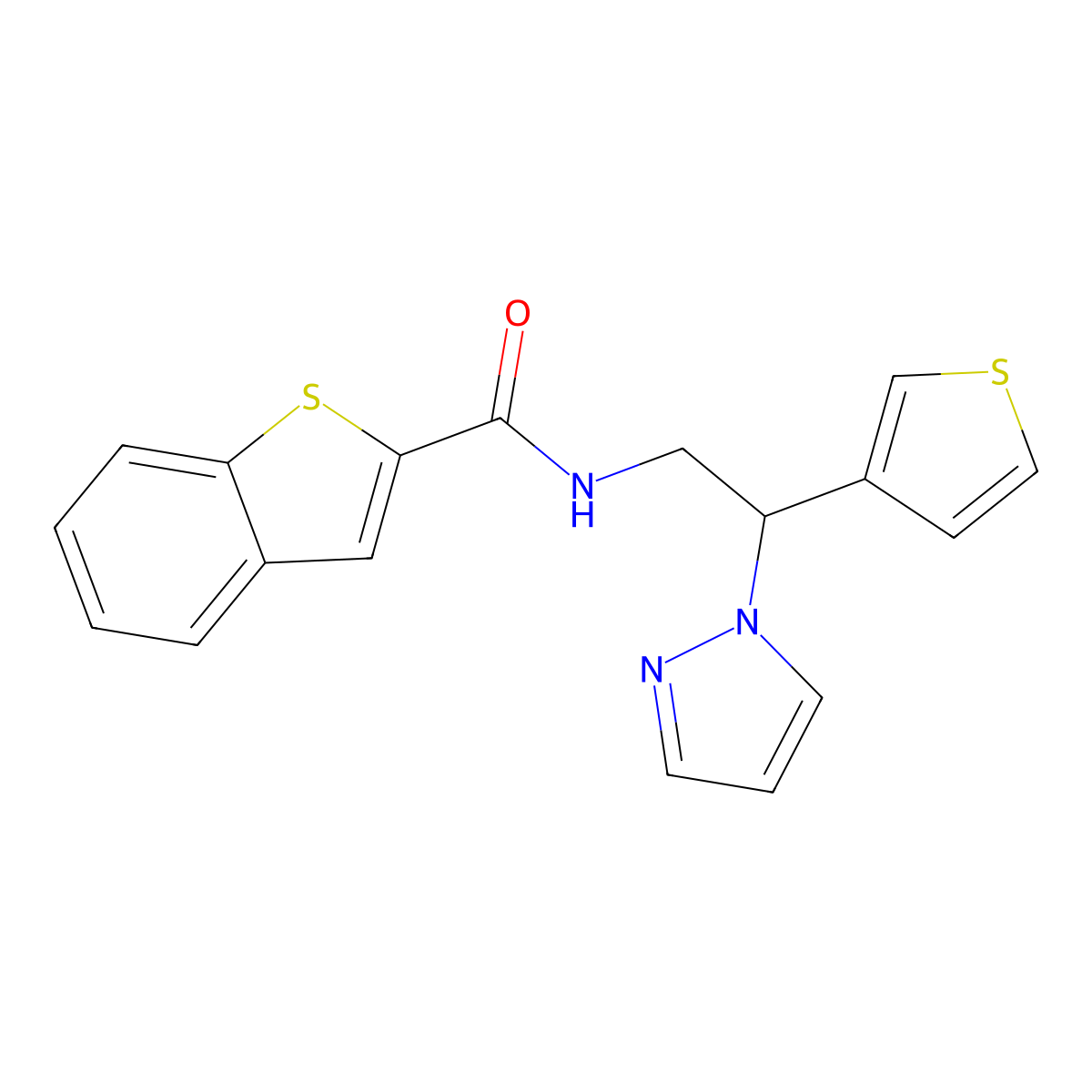 N-(2-(1H-pyrazol-1-yl)-2-(thiophen-3-yl)ethyl)benzo[b]thiophene-2-carboxamide molecular structure, CAS 2034340-92-4