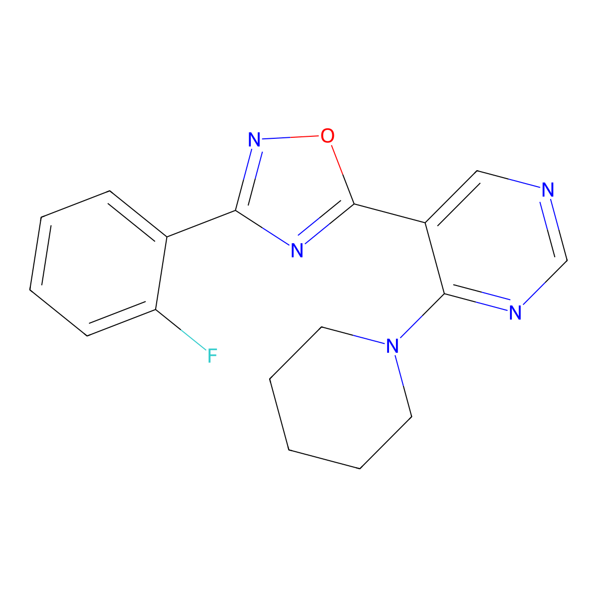 3-(2-Fluorophenyl)-5-(4-(piperidin-1-yl)pyrimidin-5-yl)-1,2,4-oxadiazole molecular structure, CAS 2034340-94-6