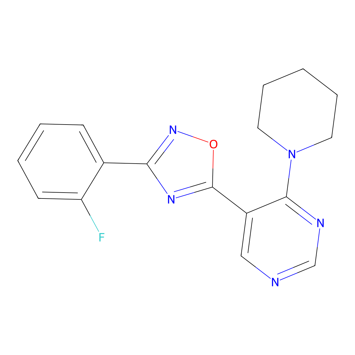 3-(2-Fluorophenyl)-5-(4-(piperidin-1-yl)pyrimidin-5-yl)-1,2,4-oxadiazole molecular structure, CAS 2034340-94-6