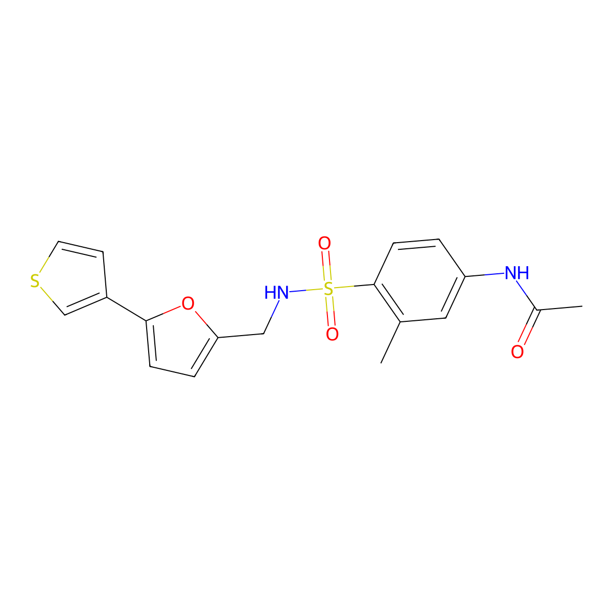 N-(3-methyl-4-(N-((5-(thiophen-3-yl)furan-2-yl)methyl)sulfamoyl)phenyl)acetamide molecular structure, CAS 2034340-95-7