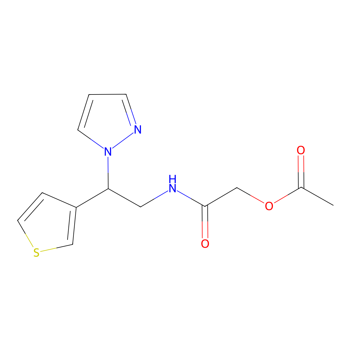 2-((2-(1H-pyrazol-1-yl)-2-(thiophen-3-yl)ethyl)amino)-2-oxoethyl acetate molecular structure, CAS 2034340-96-8