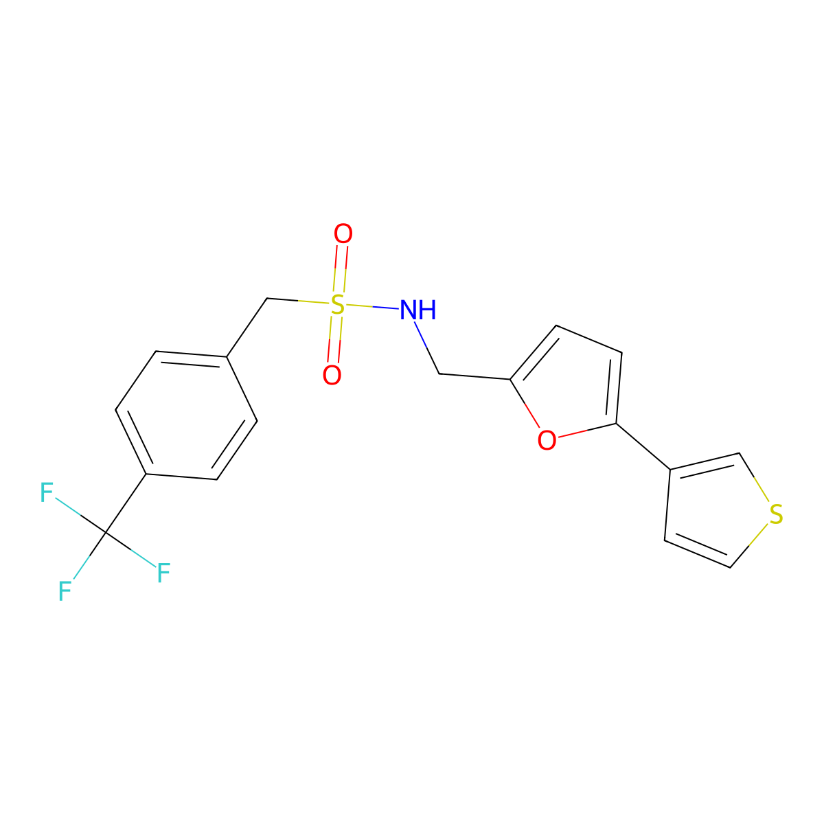 N-((5-(thiophen-3-yl)furan-2-yl)methyl)-1-(4-(trifluoromethyl)phenyl)methanesulfonamide molecular structure, CAS 2034341-00-7