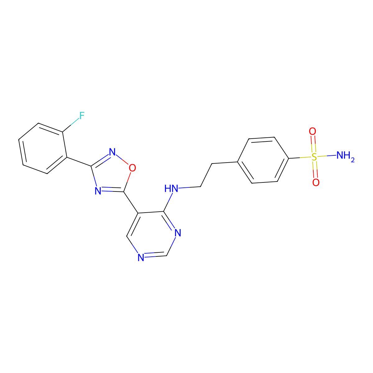 4-(2-((5-(3-(2-Fluorophenyl)-1,2,4-oxadiazol-5-yl)pyrimidin-4-yl)amino)ethyl)benzenesulfonamide molecular structure, CAS 2034341-03-0