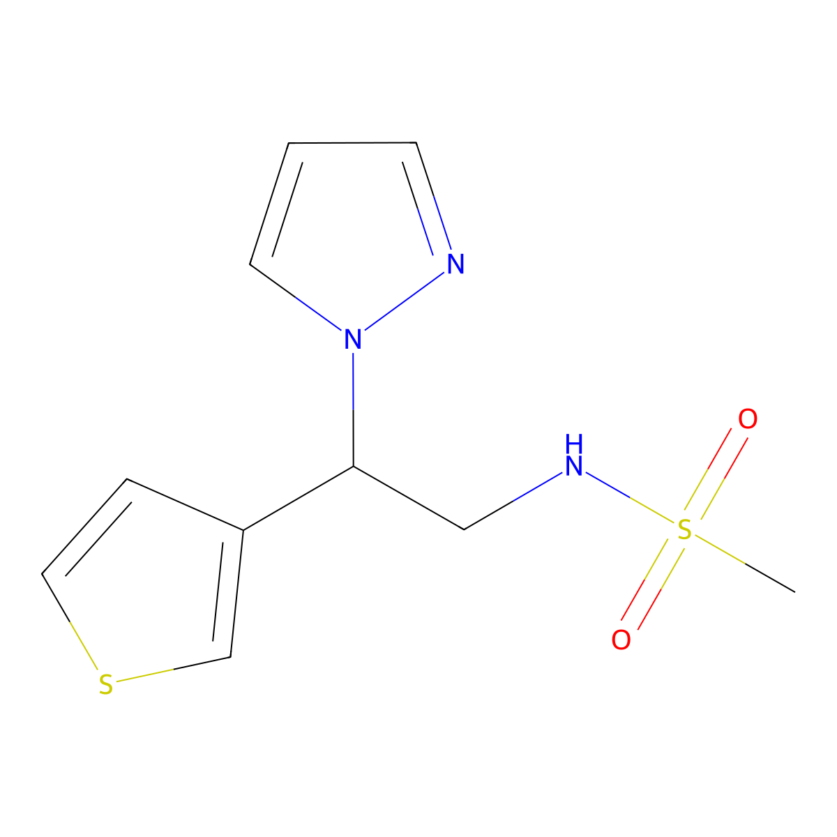 N-(2-(1H-pyrazol-1-yl)-2-(thiophen-3-yl)ethyl)methanesulfonamide molecular structure, CAS 2034341-12-1