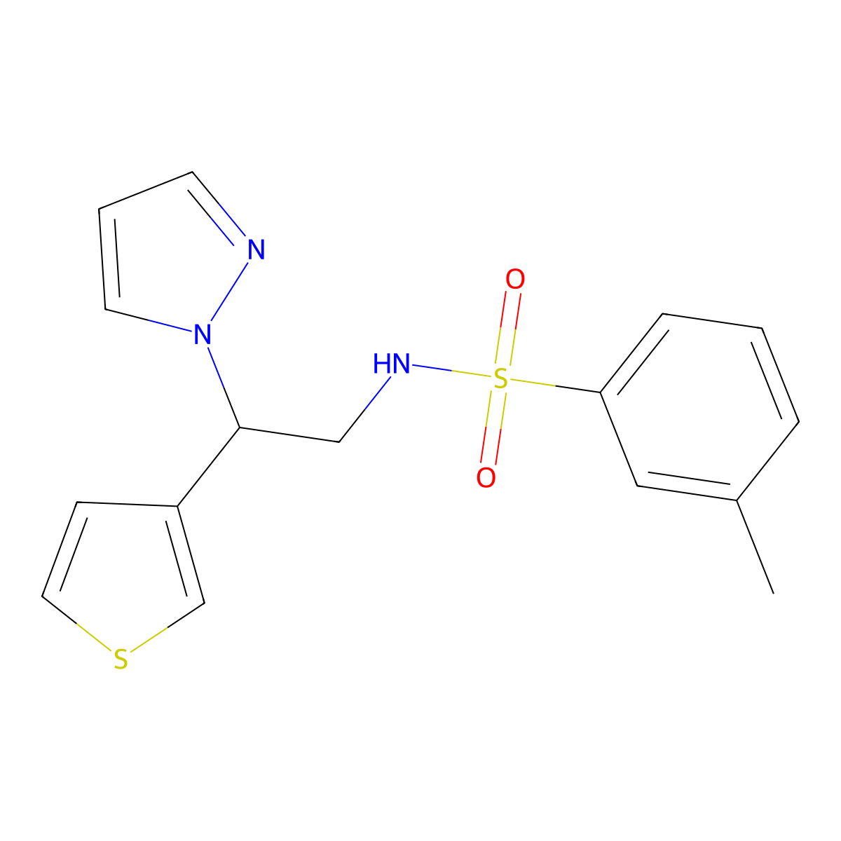N-(2-(1H-pyrazol-1-yl)-2-(thiophen-3-yl)ethyl)-3-methylbenzenesulfonamide molecular structure, CAS 2034341-16-5