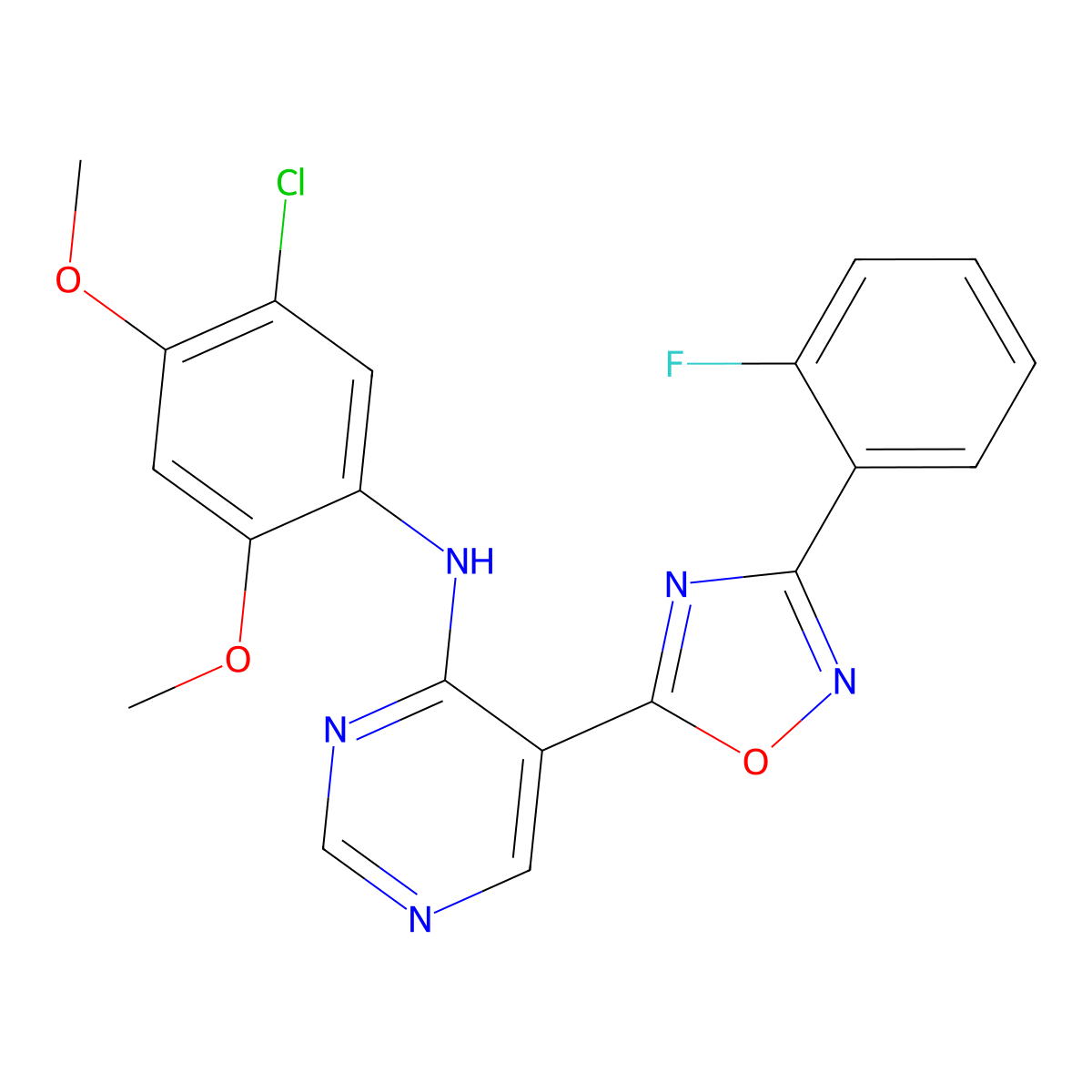 N-(5-chloro-2,4-dimethoxyphenyl)-5-[3-(2-fluorophenyl)-1,2,4-oxadiazol-5-yl]pyrimidin-4-amine molecular structure, CAS 2034341-17-6
