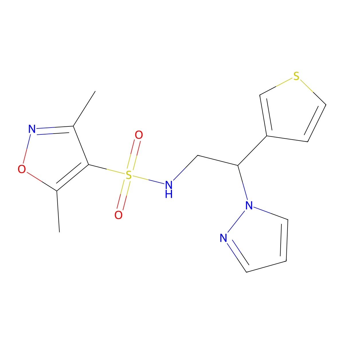 N-(2-(1H-pyrazol-1-yl)-2-(thiophen-3-yl)ethyl)-3,5-dimethylisoxazole-4-sulfonamide molecular structure, CAS 2034341-23-4