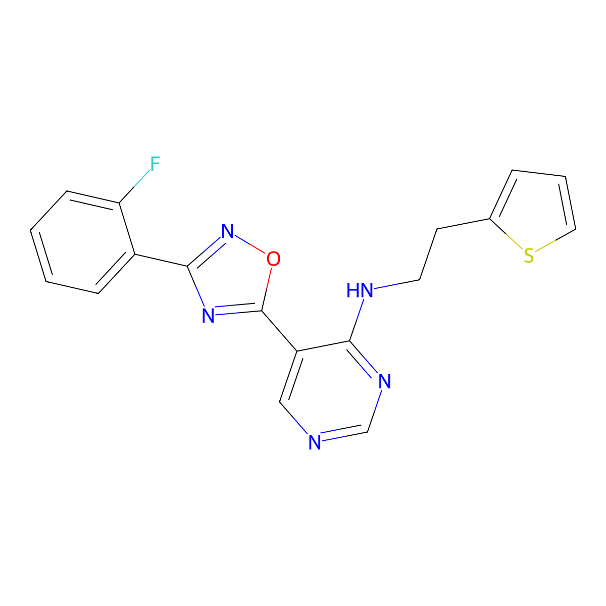 5-(3-(2-fluorophenyl)-1,2,4-oxadiazol-5-yl)-N-(2-(thiophen-2-yl)ethyl)pyrimidin-4-amine molecular structure, CAS 2034341-25-6