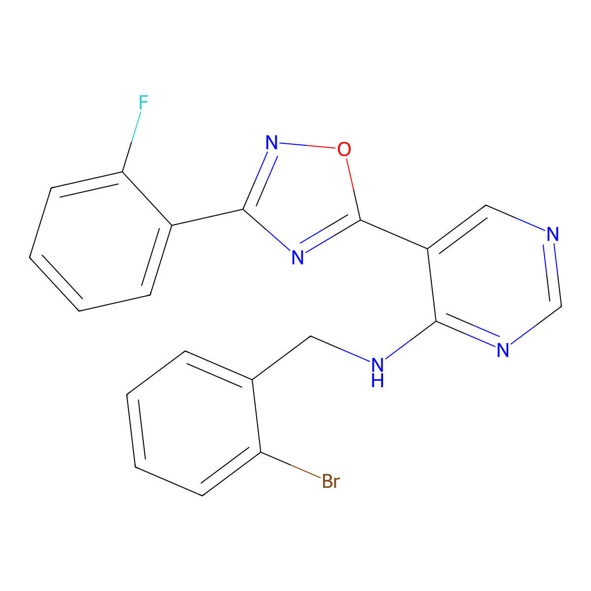 N-(2-bromobenzyl)-5-(3-(2-fluorophenyl)-1,2,4-oxadiazol-5-yl)pyrimidin-4-amine molecular structure, CAS 2034341-31-4